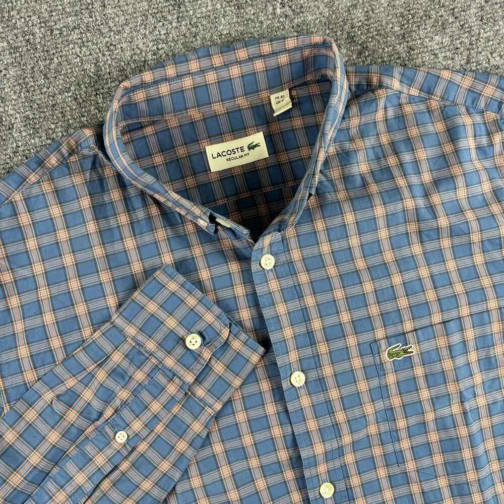 Lacoste Shirt Mens M US M Blue Orange Plaid Regular Fit Croc Pocket